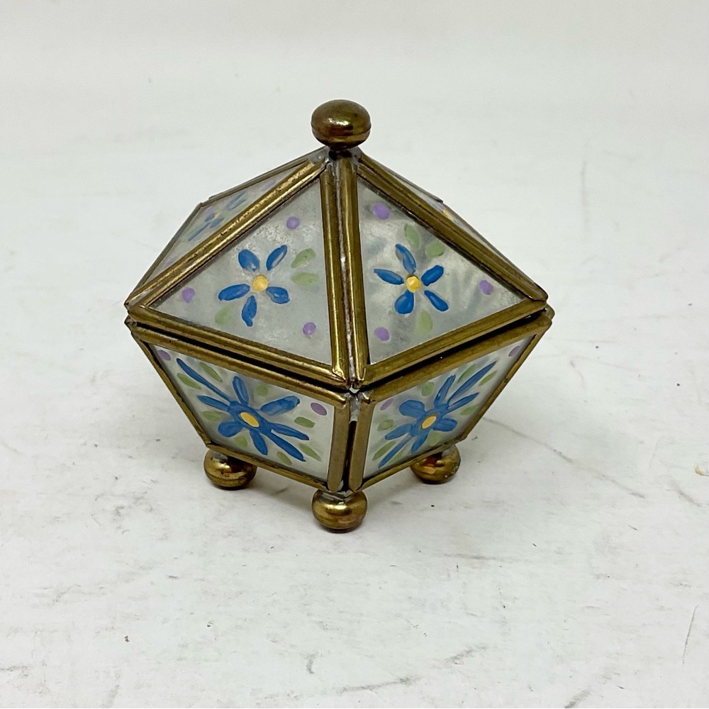 Decorative Floral Glass Box with Brass Accents vintage